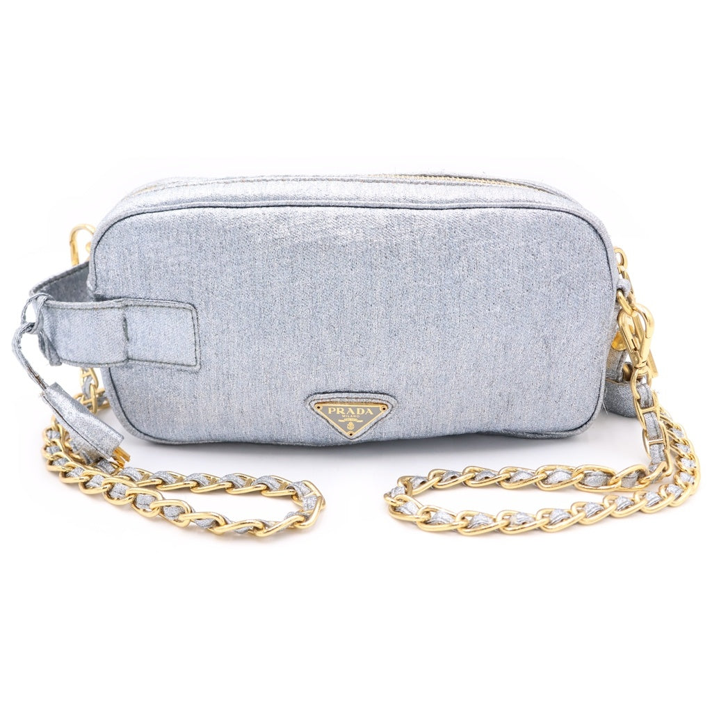 PRADA(プラダ) 三角ロゴ シャイン 2WAYショルダーバッグ ポーチ シルバー ゴールド金具 レディース