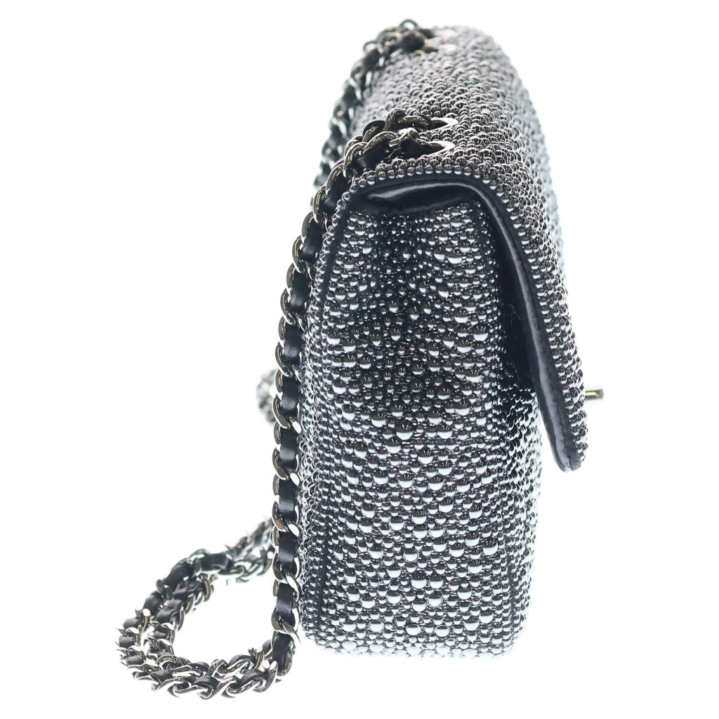 CHANEL(シャネル) パール イヴニング マトラッセ ラムスキン レザー Sフラップ Wチェーン ショルダーバッグ シルバー金具 ブラック プレート レディース