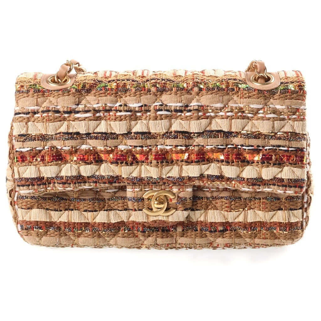 CHANEL(シャネル) 2027年クルーズ ココキューバ ツイードWフラップWチェーンショルダーバッグ ハンドバッグ ブラウン ゴールド金具 レディース