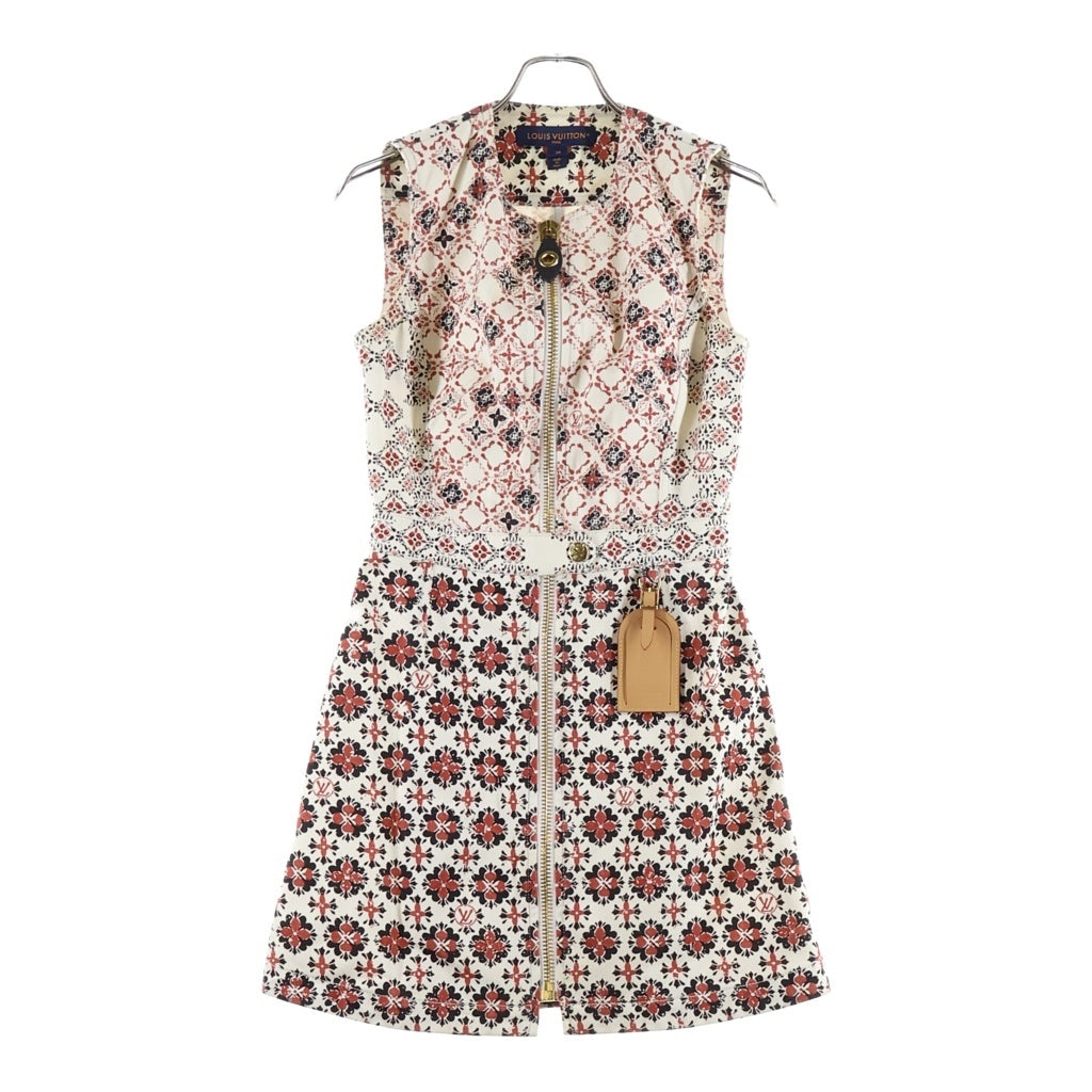 LOUIS VUITTON(ルイヴィトン) モノグラムフラワー 総柄 コットン デニム フロントジップ シームレス ノースリーブワンピース #34 レッド/ホワイト RW232W ACG FPDR63 レディース
