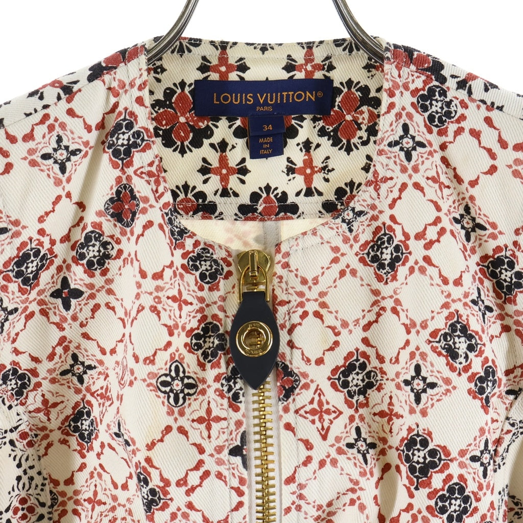 LOUIS VUITTON(ルイヴィトン) モノグラムフラワー 総柄 コットン デニム フロントジップ シームレス ノースリーブワンピース #34 レッド/ホワイト RW232W ACG FPDR63 レディース