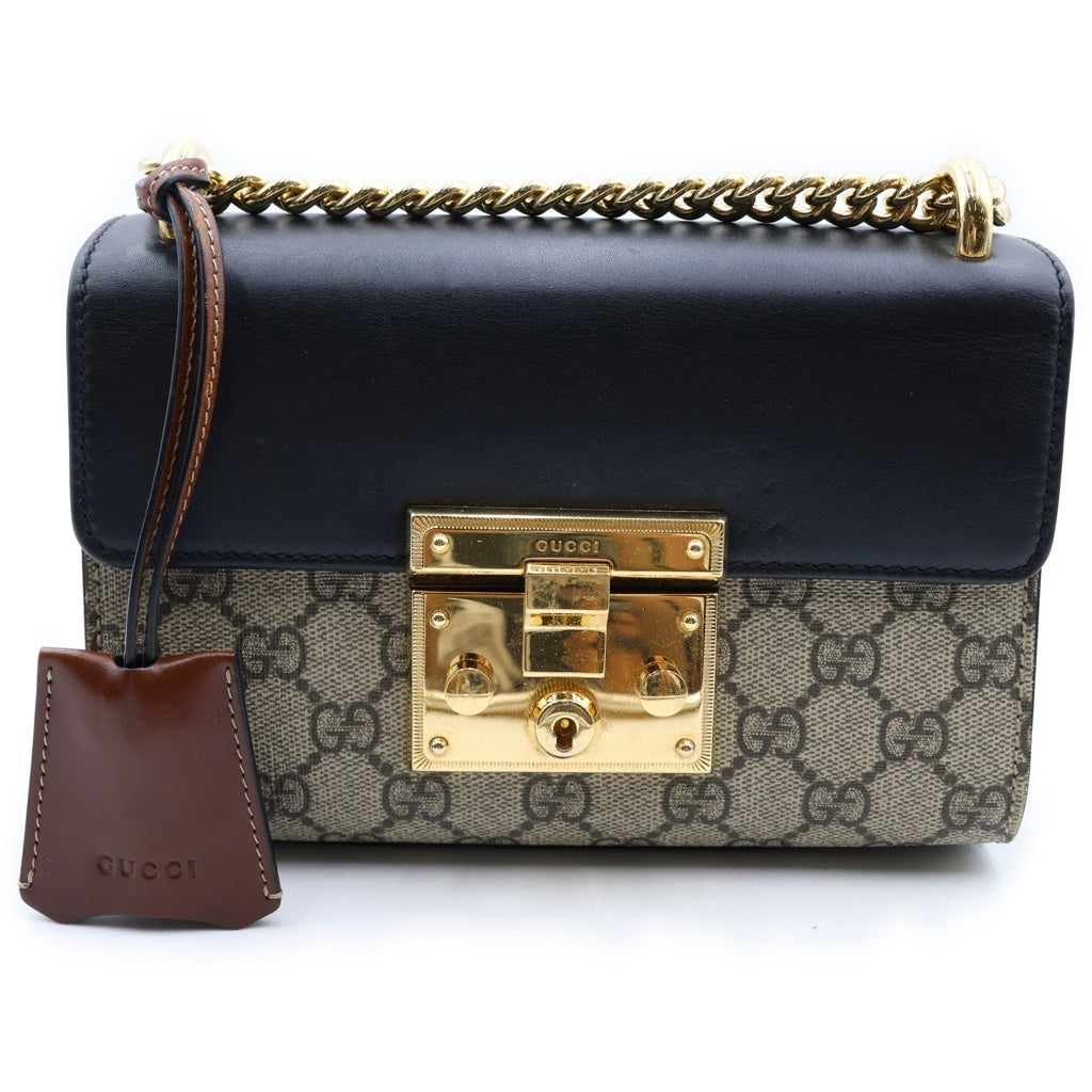 GUCCI(グッチ) GGスプリーム パドロック チェーンショルダーバッグ ブラック×ベージュ レザー×PVC 409487 ゴールド金具 レディース