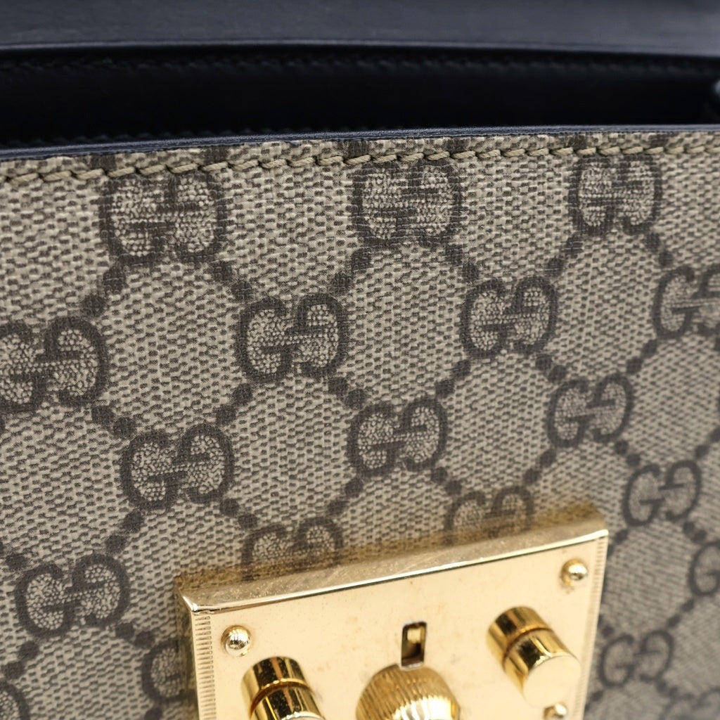 GUCCI(グッチ) GGスプリーム パドロック チェーンショルダーバッグ ブラック×ベージュ レザー×PVC 409487 ゴールド金具 レディース