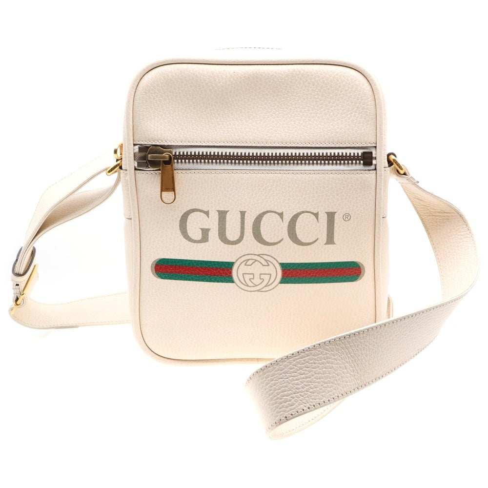 GUCCI(グッチ) グッチロゴプリント メッセンジャーバッグ ショルダーバッグ ホワイト ゴールド金具 レザー 523591