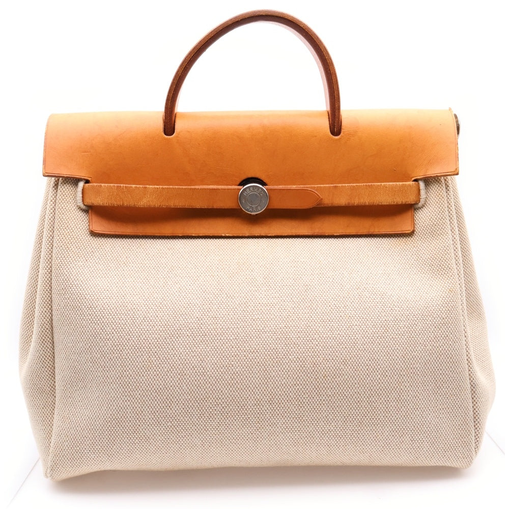 HERMES(エルメス) エールバッグPM ハンドバッグ アイボリー×ブラウン トワルアッシュ×カーフスキン シルバー金具 □F刻印