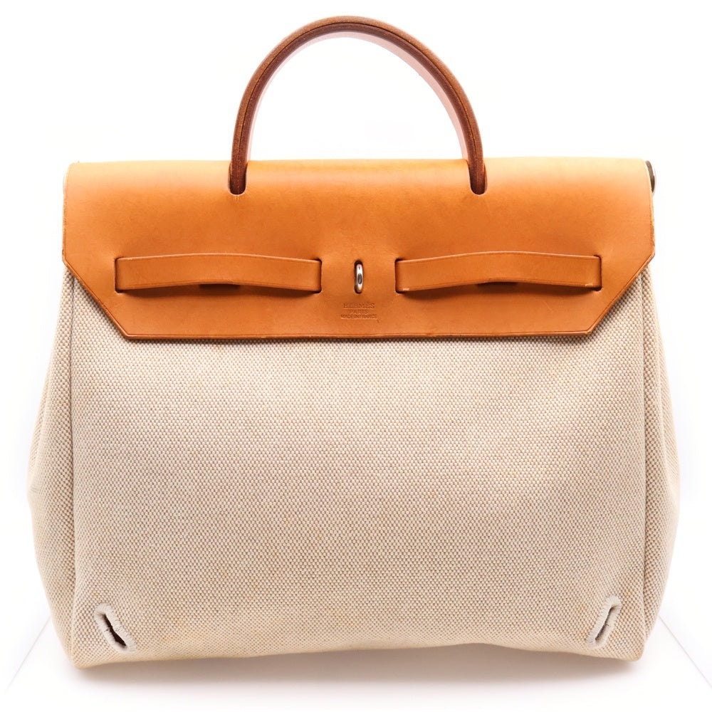 HERMES(エルメス) エールバッグPM ハンドバッグ アイボリー×ブラウン トワルアッシュ×カーフスキン シルバー金具 □F刻印