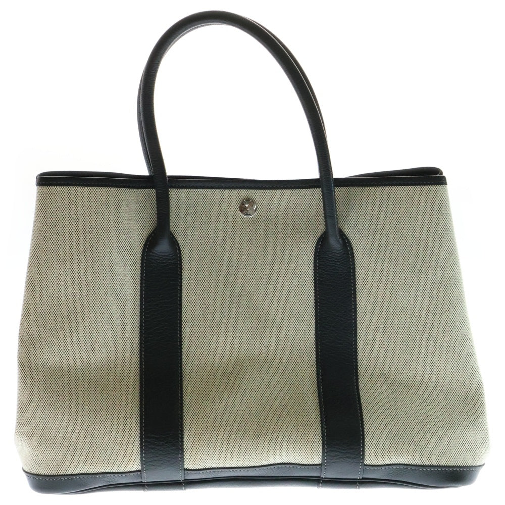 HERMES(エルメス) ガーデンパーティーGM レザー切替 キャンパスハンドバッグ ベージュ×ブラック レディース □P刻印