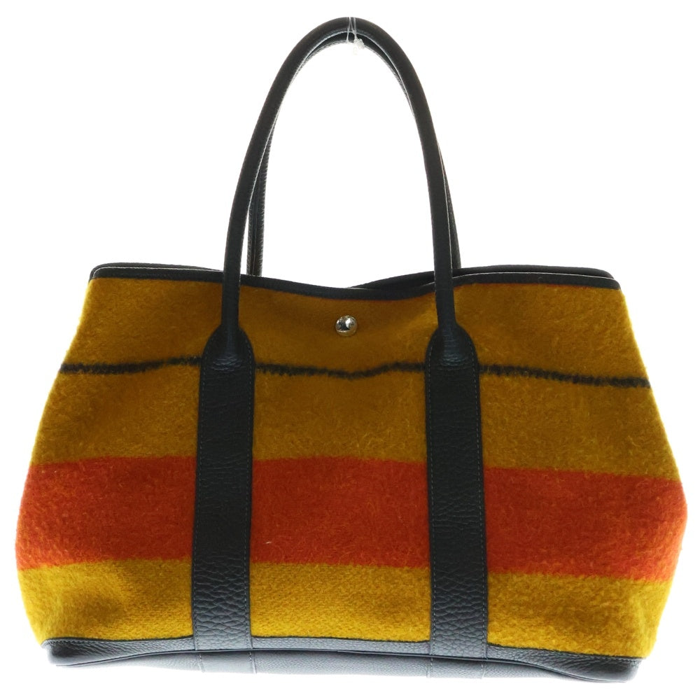 HERMES(エルメス) ガーデンパーティPM ロカバール ボーダー柄 ウール レザー ハンド トートバッグ マルチカラー ネイビー/オレンジ
