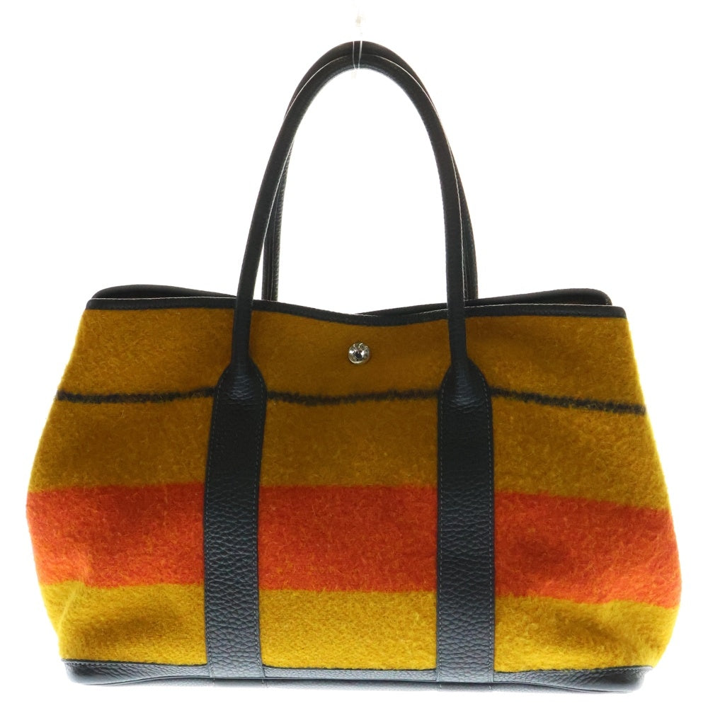 HERMES(エルメス) ガーデンパーティPM ロカバール ボーダー柄 ウール レザー ハンド トートバッグ マルチカラー ネイビー/オレンジ