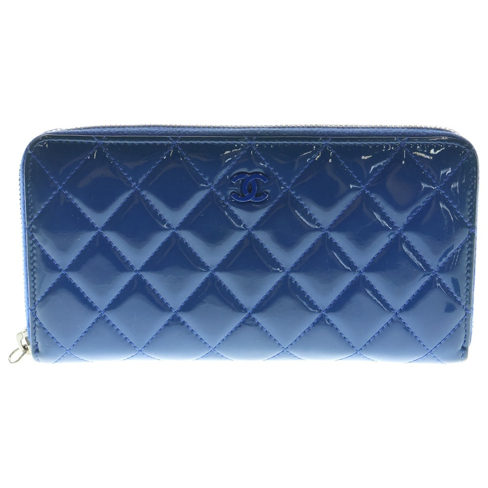 CHANEL(シャネル) ココマーク ブリリアント キルティング ラウンドファスナー長財布 ロングウォレット カードケース ブルー パテントレザー シルバー金具
