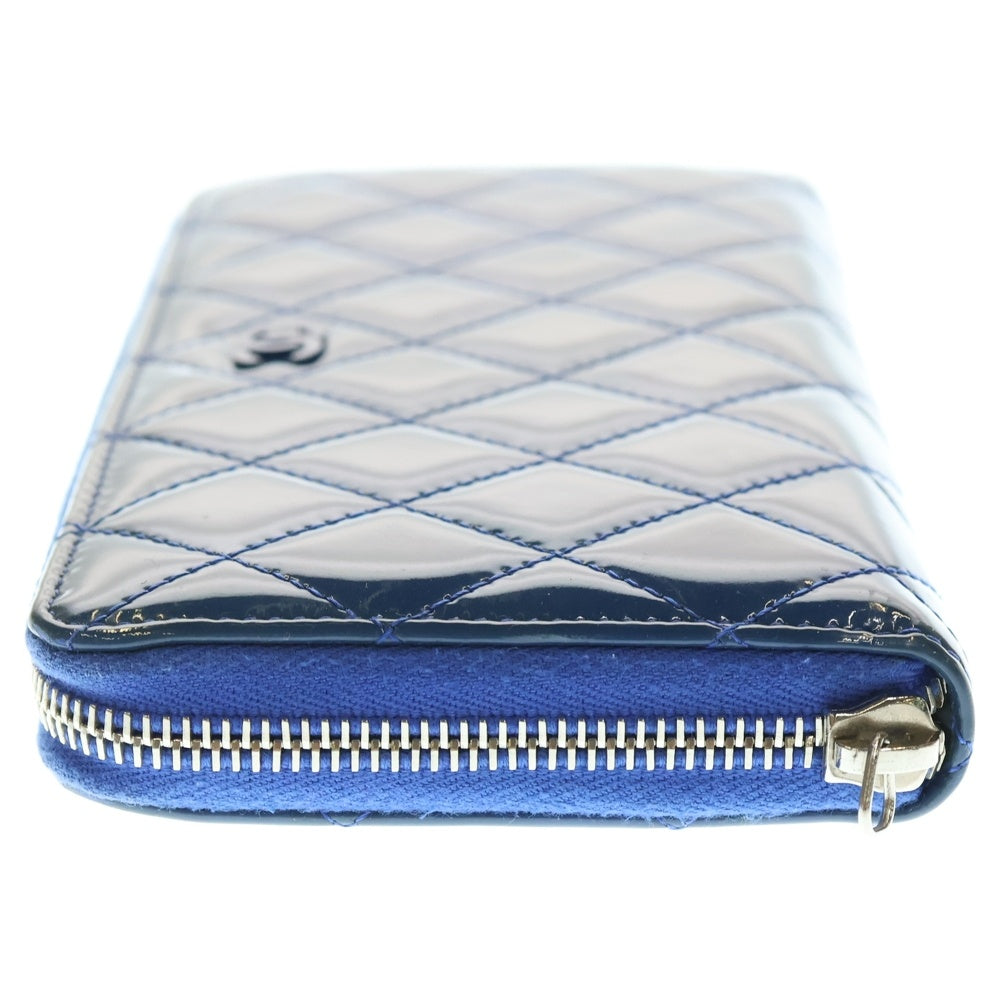 CHANEL(シャネル) ココマーク ブリリアント キルティング ラウンドファスナー長財布 ロングウォレット カードケース ブルー パテントレザー シルバー金具