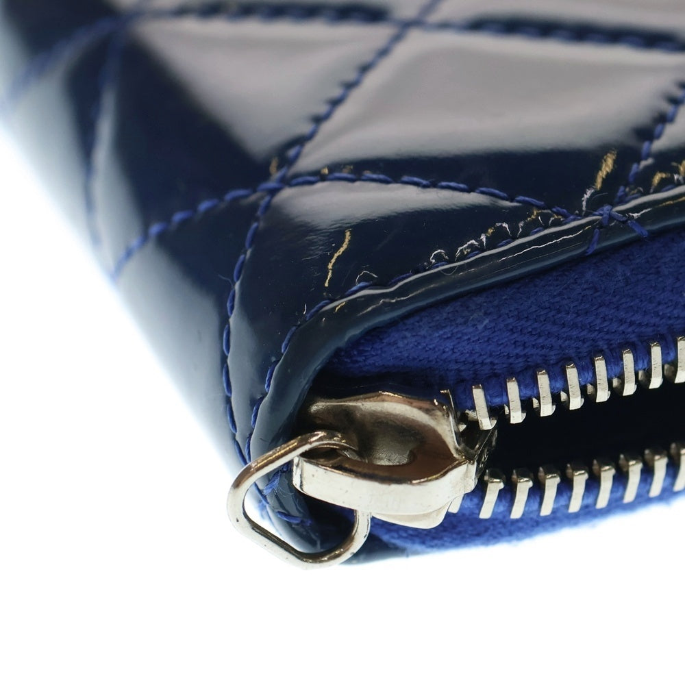CHANEL(シャネル) ココマーク ブリリアント キルティング ラウンドファスナー長財布 ロングウォレット カードケース ブルー パテントレザー シルバー金具