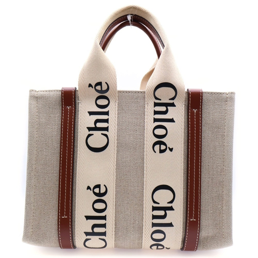 Chloe(クロエ) WOODY ウッディー 2WAY スモールトートバッグ レザー切替キャンバスハンドバッグ ショルダーバッグ ベージュ