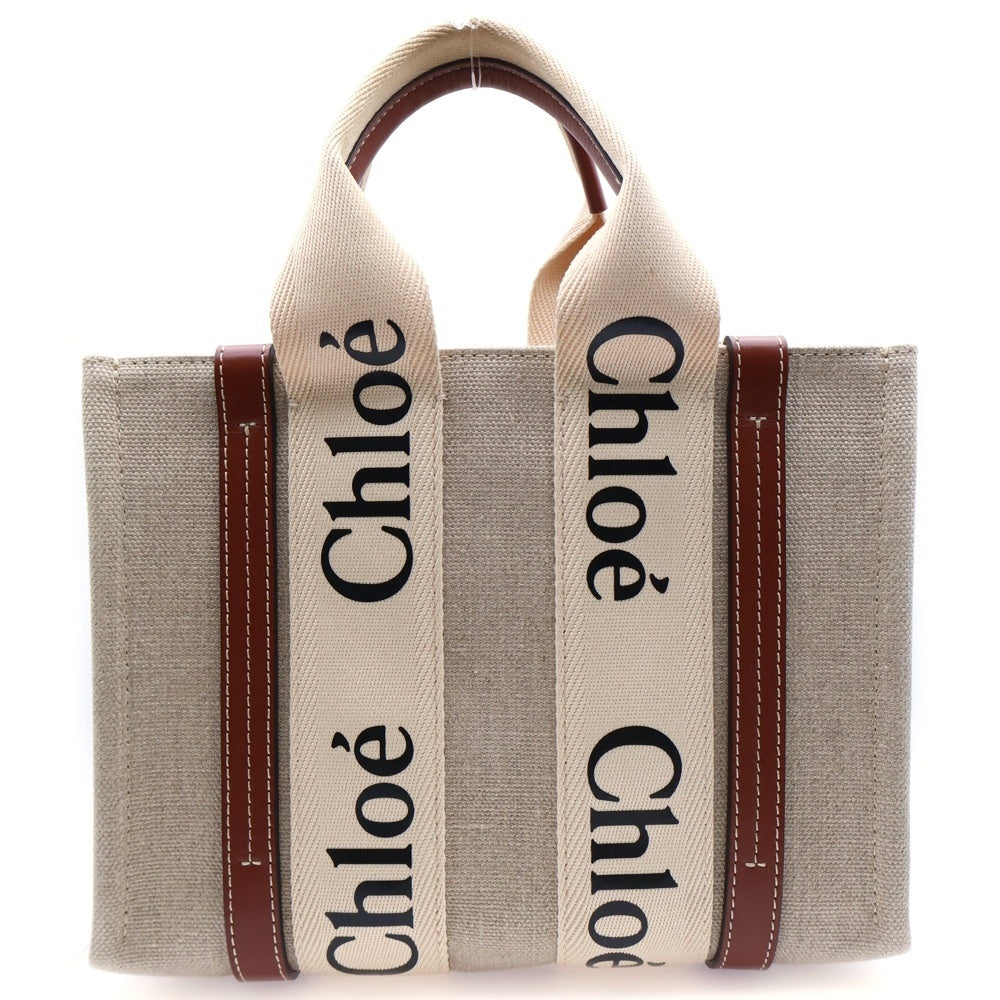 Chloe(クロエ) WOODY ウッディー 2WAY スモールトートバッグ レザー切替キャンバスハンドバッグ ショルダーバッグ ベージュ