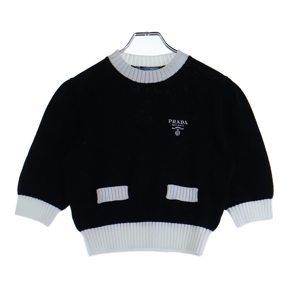 美品★24年★プラダ クルーネック セーター クロップド丈 ロゴ ブラック 38 PRADA(プラダ) ロゴ クロップド半袖ニット セーター ブラック×ホワイト