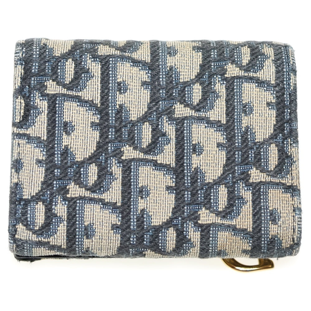 Christian Dior(クリスチャンディオール) オブリーク総柄 サドル ミニ キャンバス レザー コンパクトウォレット 三つ折り財布 ゴールド金具 ベージュ/ネイビー