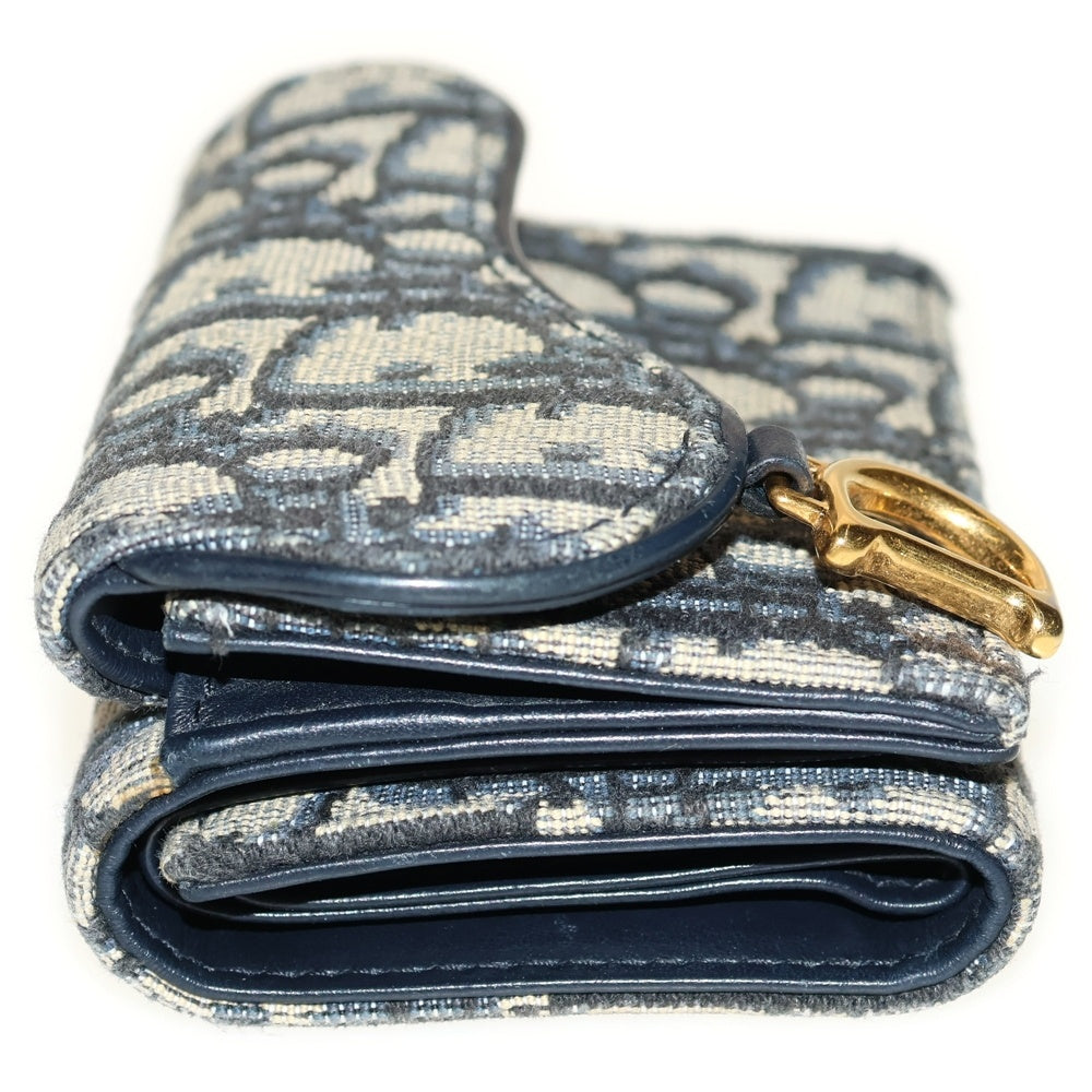 Christian Dior(クリスチャンディオール) オブリーク総柄 サドル ミニ キャンバス レザー コンパクトウォレット 三つ折り財布 ゴールド金具 ベージュ/ネイビー