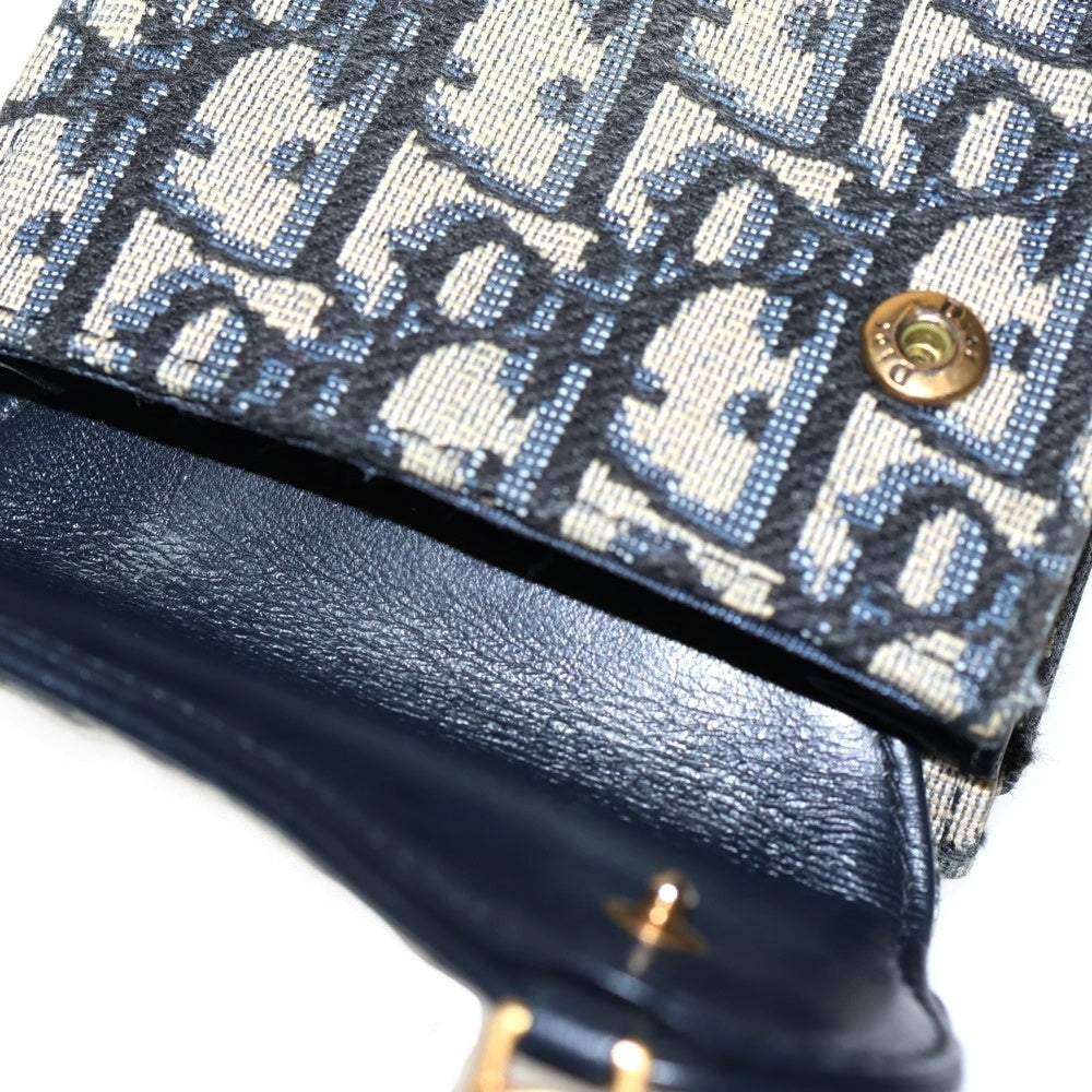 Christian Dior(クリスチャンディオール) オブリーク総柄 サドル ミニ キャンバス レザー コンパクトウォレット 三つ折り財布 ゴールド金具 ベージュ/ネイビー