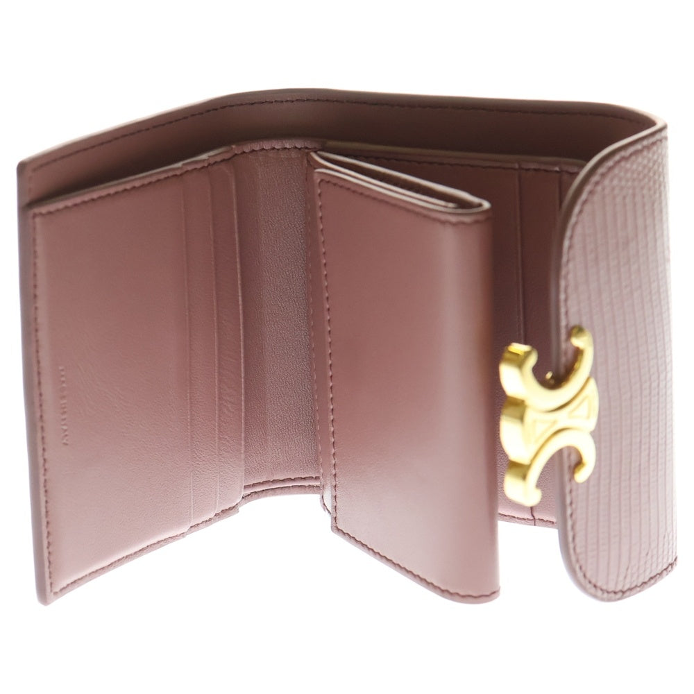 CELINE(セリーヌ) トリオンフ ロゴプレート 型押し レザー コンパクトウォレット 三つ折り財布 ゴールド金具 ピンク