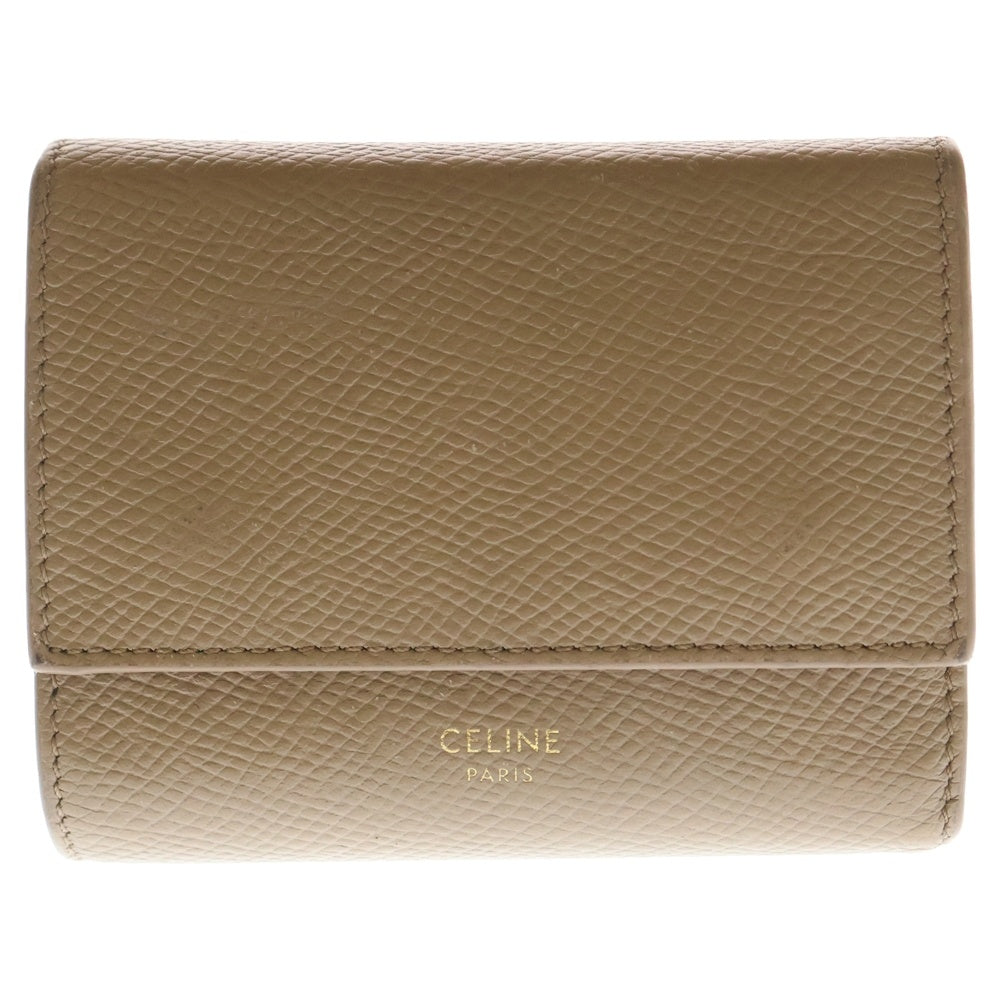 CELINE(セリーヌ) スモールトリフォールド 三つ折り財布 コンパクトウォレット コインケース ベージュ ブラウン レザー ゴールド金具 レディース