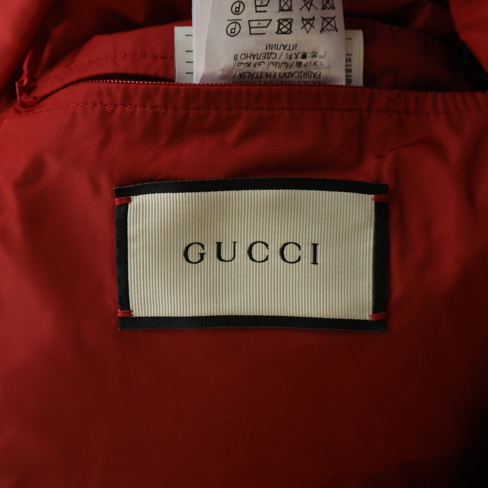 GUCCI(グッチ) ワッペンロゴ チェック柄 ウール切り替え フーデッド ジップアップ ダウンジャケット ブルー/レッド 585393
