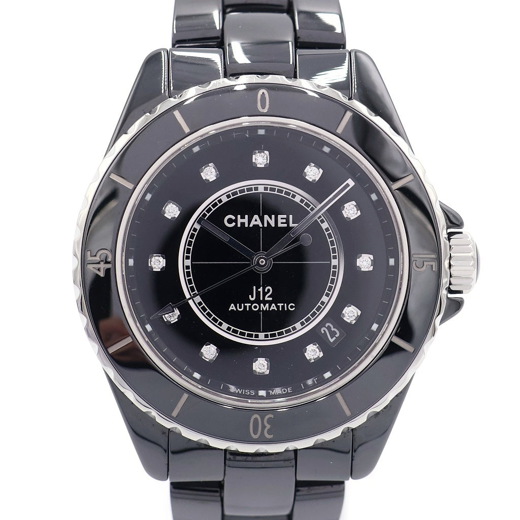 CHANEL(シャネル) J12 ダイヤインデックス 12Pダイヤ デイト 裏スケ CE×SS/AT ブラックセラミック ステンレス オートマ 自動巻き 腕時計 H5702 黒文字盤