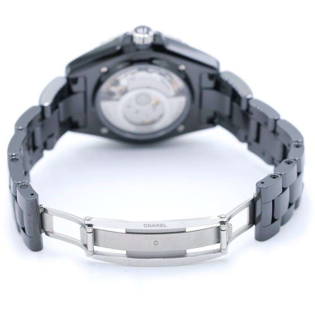 CHANEL(シャネル) J12 ダイヤインデックス 12Pダイヤ デイト 裏スケ CE×SS/AT ブラックセラミック ステンレス オートマ 自動巻き 腕時計 H5702 黒文字盤