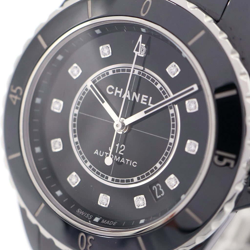 CHANEL(シャネル) J12 ダイヤインデックス 12Pダイヤ デイト 裏スケ CE×SS/AT ブラックセラミック ステンレス オートマ 自動巻き 腕時計 H5702 黒文字盤