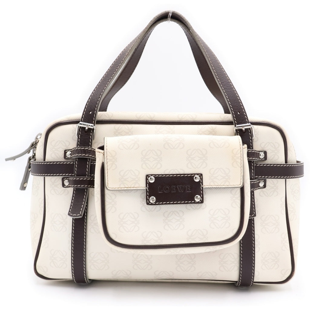 LOEWE(ロエベ) リピートアナグラム ハンドバッグ ボストンバッグ ホワイト×ブラウン PVC×レザー 290510 シルバー金具 レディース