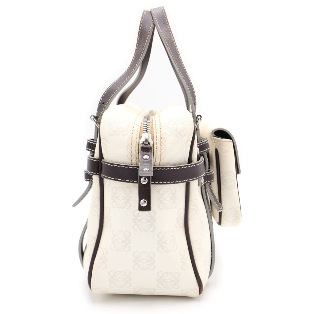 LOEWE(ロエベ) リピートアナグラム ハンドバッグ ボストンバッグ ホワイト×ブラウン PVC×レザー 290510 シルバー金具 レディース