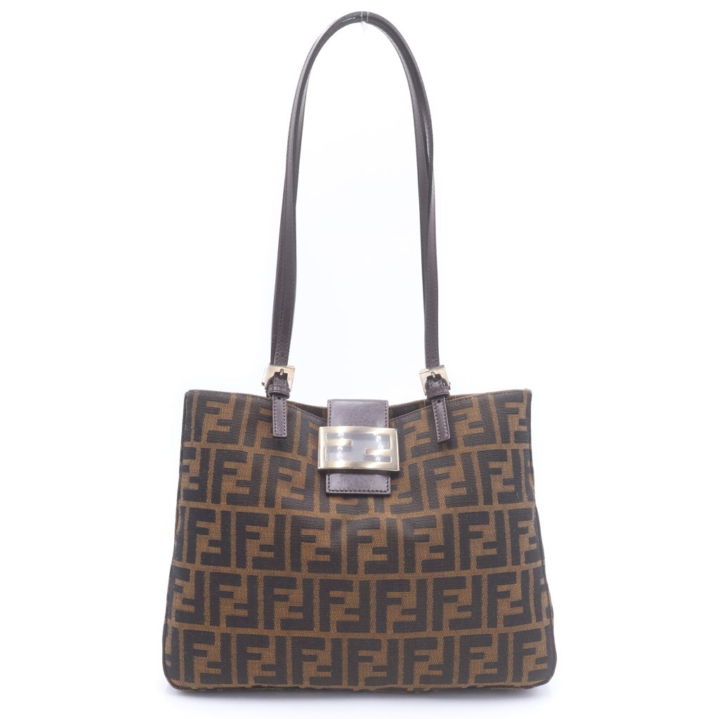 FENDI(フェンディ) FFロゴ ズッカ柄 キャンバス レザー ショルダー トートバッグ シルバー金具 ブラウン レディース