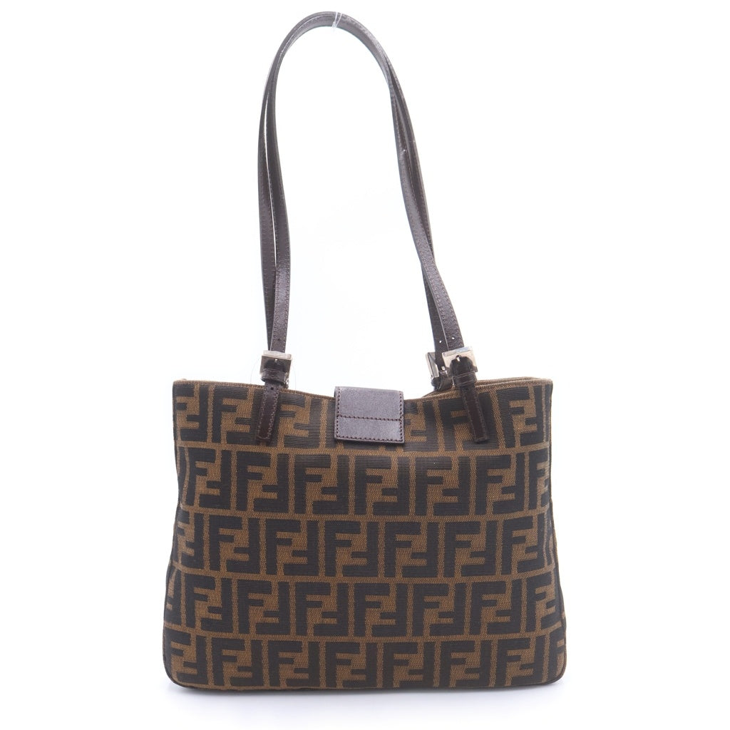 FENDI(フェンディ) FFロゴ ズッカ柄 キャンバス レザー ショルダー トートバッグ シルバー金具 ブラウン レディース