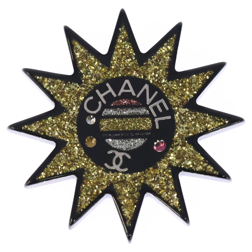 CHANEL(シャネル) 太陽モチーフ ラインストーンブローチ ピンバッジ ブラック×イエロー レジン×ストラス レディース