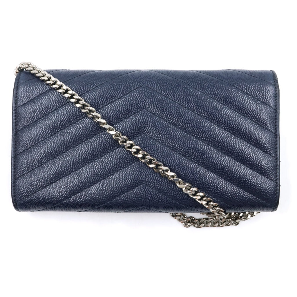 SAINT LAURENT PARIS(サンローランパリ) カサンドラ エンベロープ チェーンウォレット レザー シルバー金具 長財布 ネイビー 393965 レディース