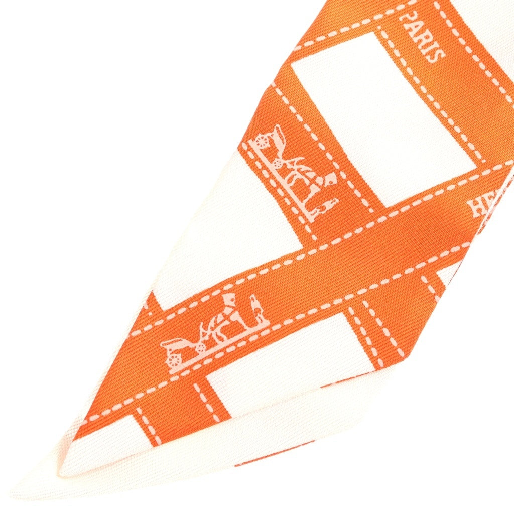 HERMES(エルメス) ツイリー リボン柄 シルクスカーフ オレンジ×ホワイト レディース