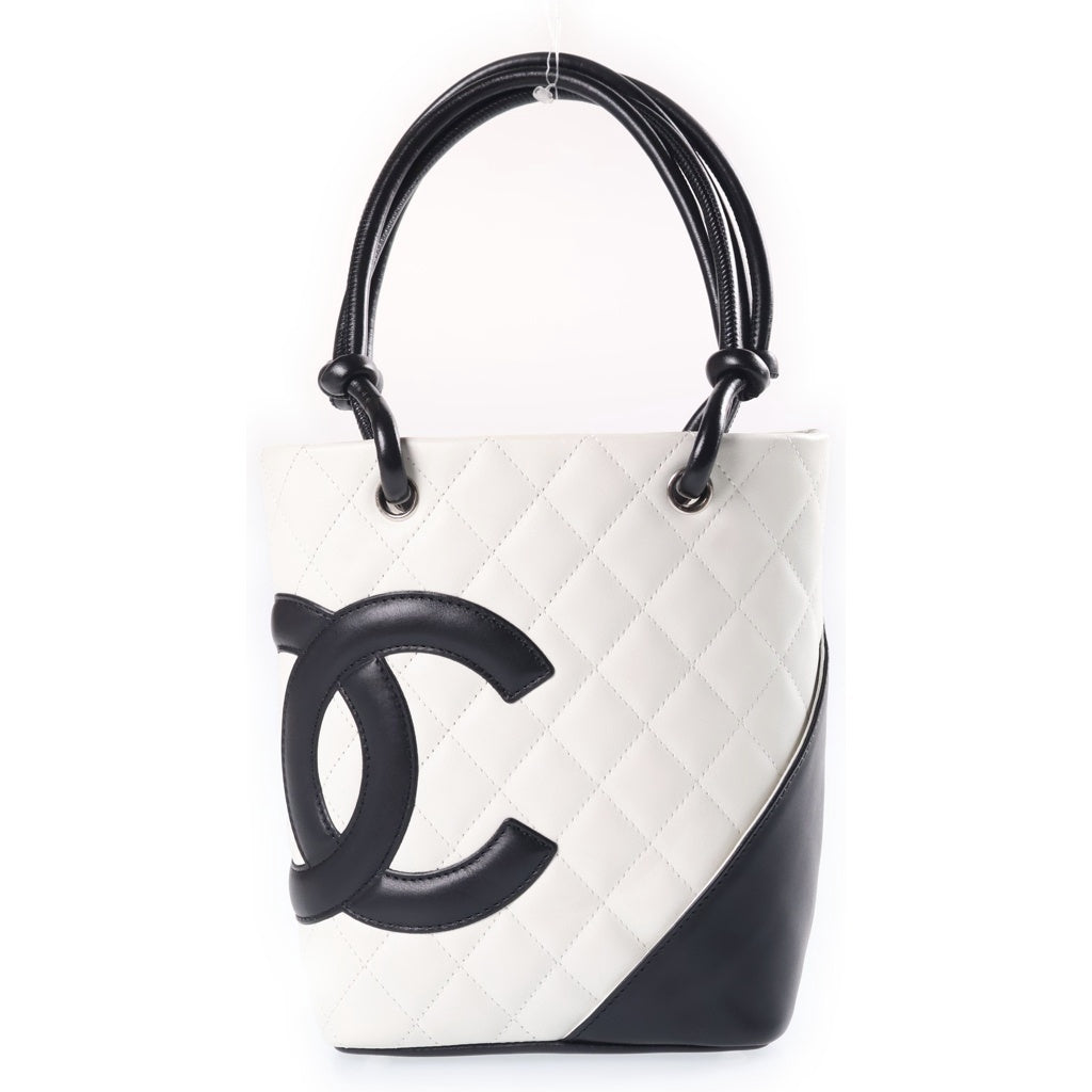 CHANEL(シャネル) カンボン スモール ラムスキン シルバー金具 トートバッグ ハンドバッグ 9番台 ホワイト/ブラック A25166 レディース