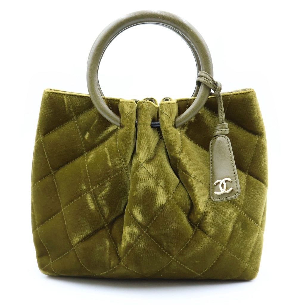 CHANEL(シャネル) ラウンド サークルハンドル CC ベロア マトラッセ ハンドバッグ オリーブ 6番台 ゴールド金具 レディース