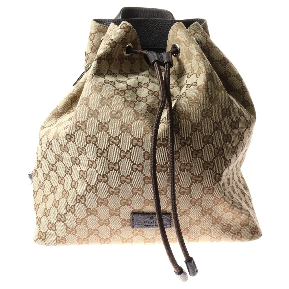 GUCCI(グッチ) GGキャンバス 巾着型リュックサック バックパック ベージュ×ブラウン キャンバス×レザー シルバー金具 449175