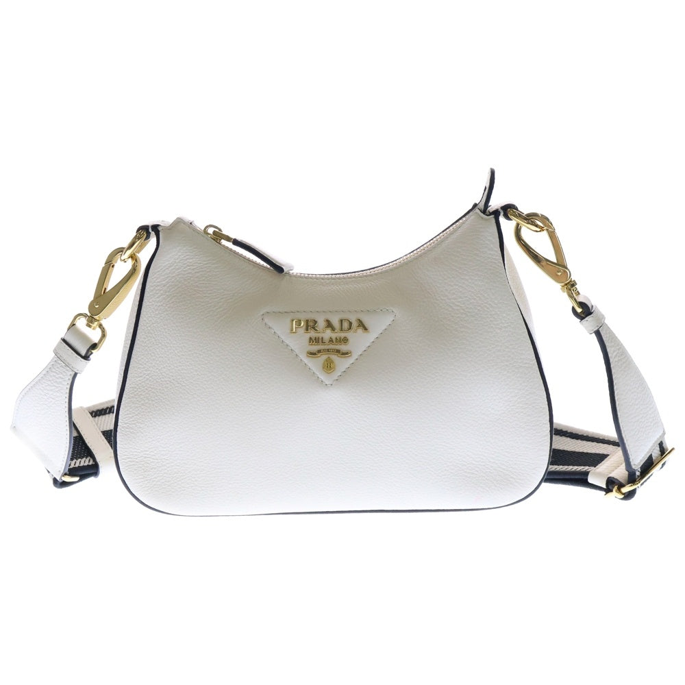PRADA(プラダ) ロゴプレート ヴィッテロダイノソフト レザー ショルダーバッグ ゴールド金具 ホワイト 1BH193