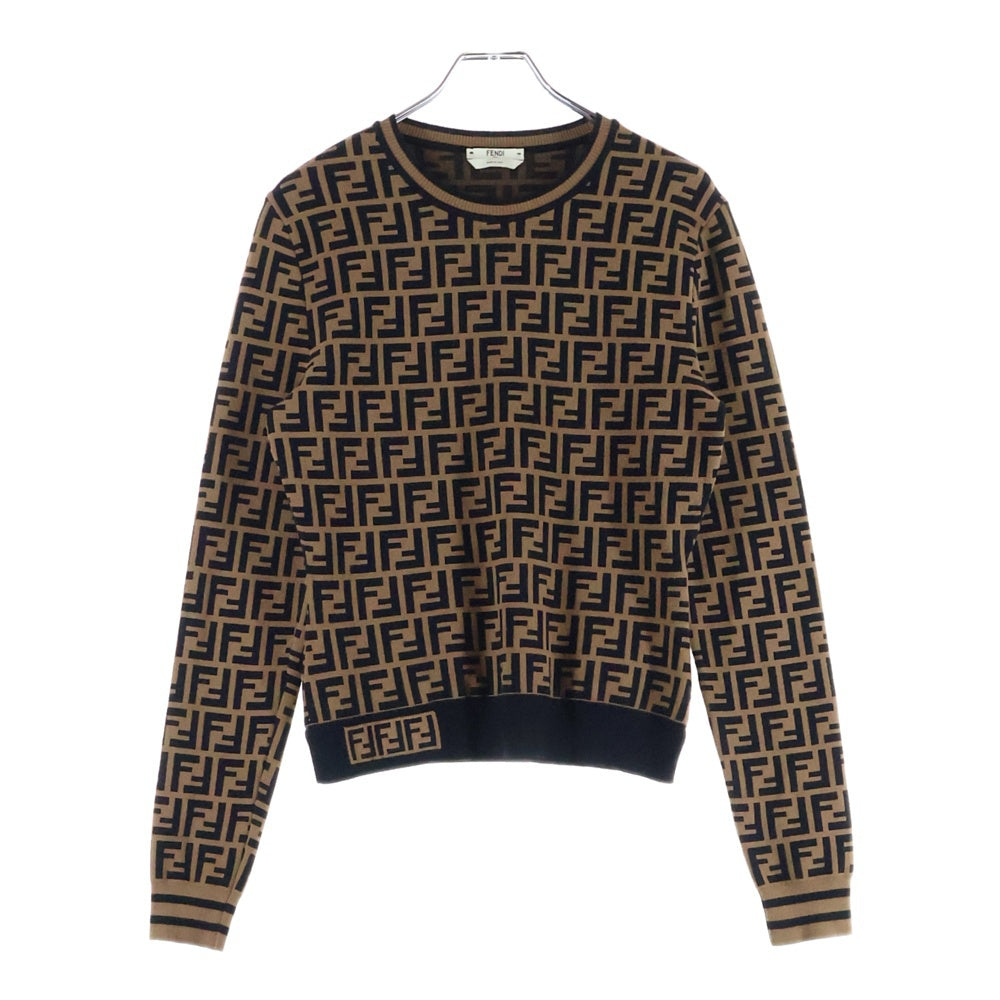 FENDI(フェンディ) 19AW ズッカ 総柄ジャガード クルーネック プルオーバー 長袖ニット セーター ブラウン/ブラック レディース FZY703 A5QG