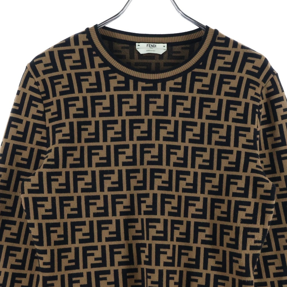 FENDI(フェンディ) 19AW ズッカ 総柄ジャガード クルーネック プルオーバー 長袖ニット セーター ブラウン/ブラック レディース FZY703 A5QG