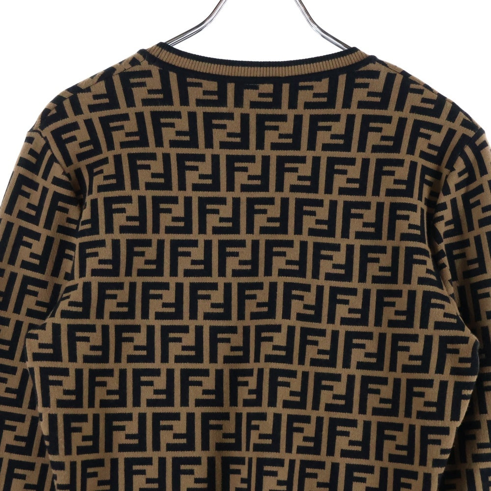 FENDI(フェンディ) 19AW ズッカ 総柄ジャガード クルーネック プルオーバー 長袖ニット セーター ブラウン/ブラック レディース FZY703 A5QG