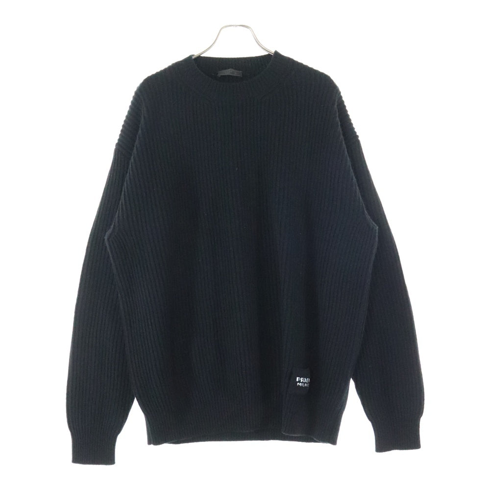 PRADA(プラダ) 21AW 裾ワッペンロゴ ウール クルーネック ロングスリーブ 長袖 リブニット セーター ブラック UMB300