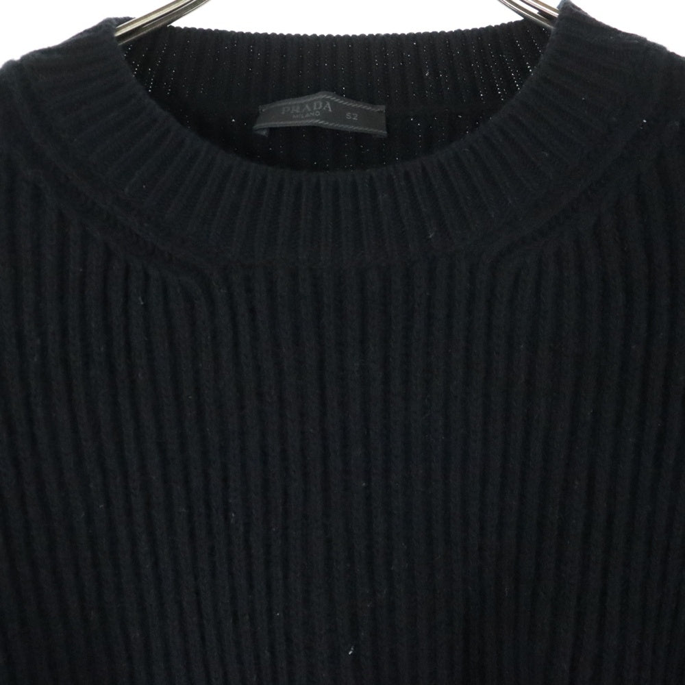 PRADA(プラダ) 21AW 裾ワッペンロゴ ウール クルーネック ロングスリーブ 長袖 リブニット セーター ブラック UMB300
