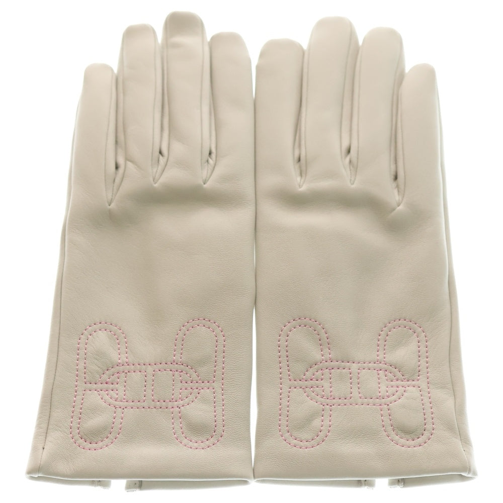 HERMES(エルメス) シェーヌダンクルステッチ ラムレザーグローブ 手袋 グレー×ピンク