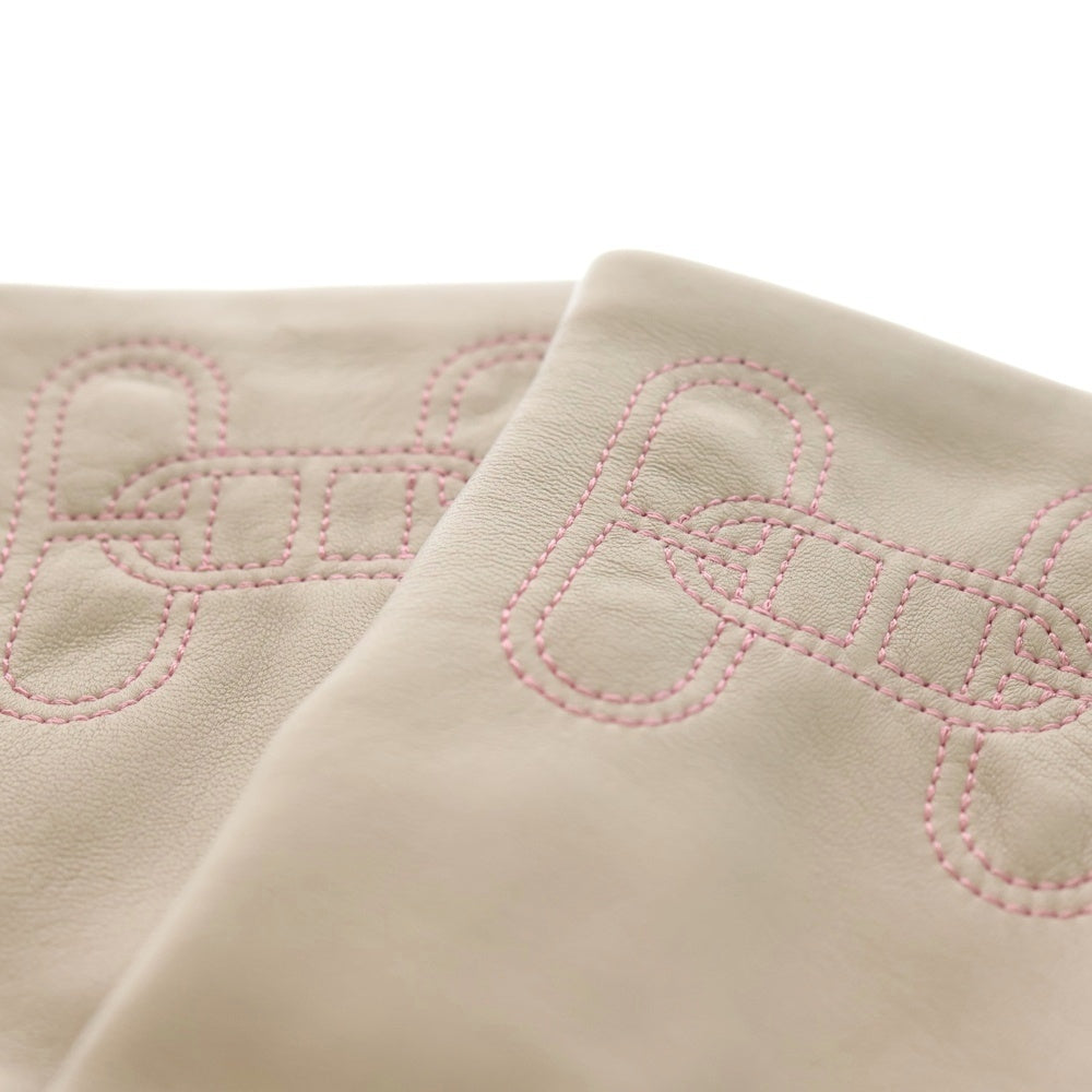 HERMES(エルメス) シェーヌダンクルステッチ ラムレザーグローブ 手袋 グレー×ピンク