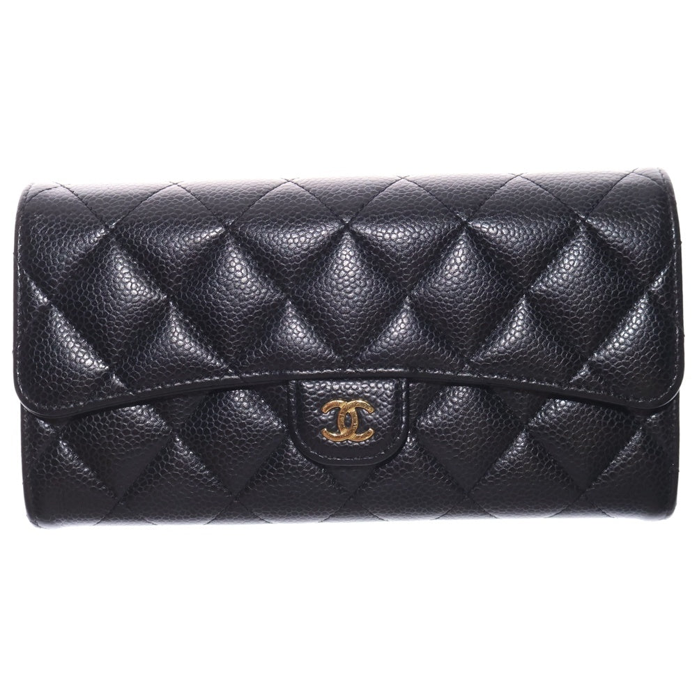 CHANEL(シャネル) ココマーク マトラッセ クラシック キャビアスキン レザー ロングウォレット 長財布 ゴールド金具 ブラック レディース
