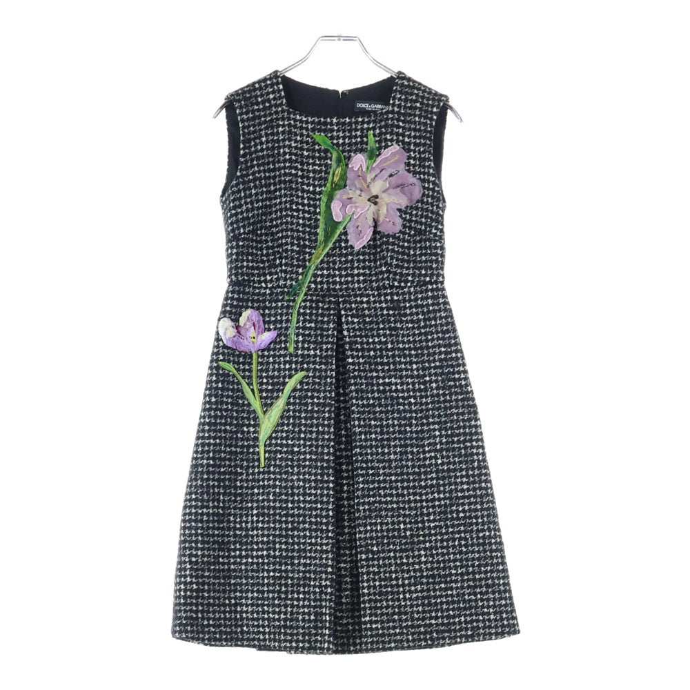 DOLCE & GABBANA(ドルチェアンドガッバーナ) フラワー刺繍 千鳥 ガンクラブチェック総柄ツイード プリーツ ノースリーブ ミディアムワンピース ブラック レディース F6YH3Z