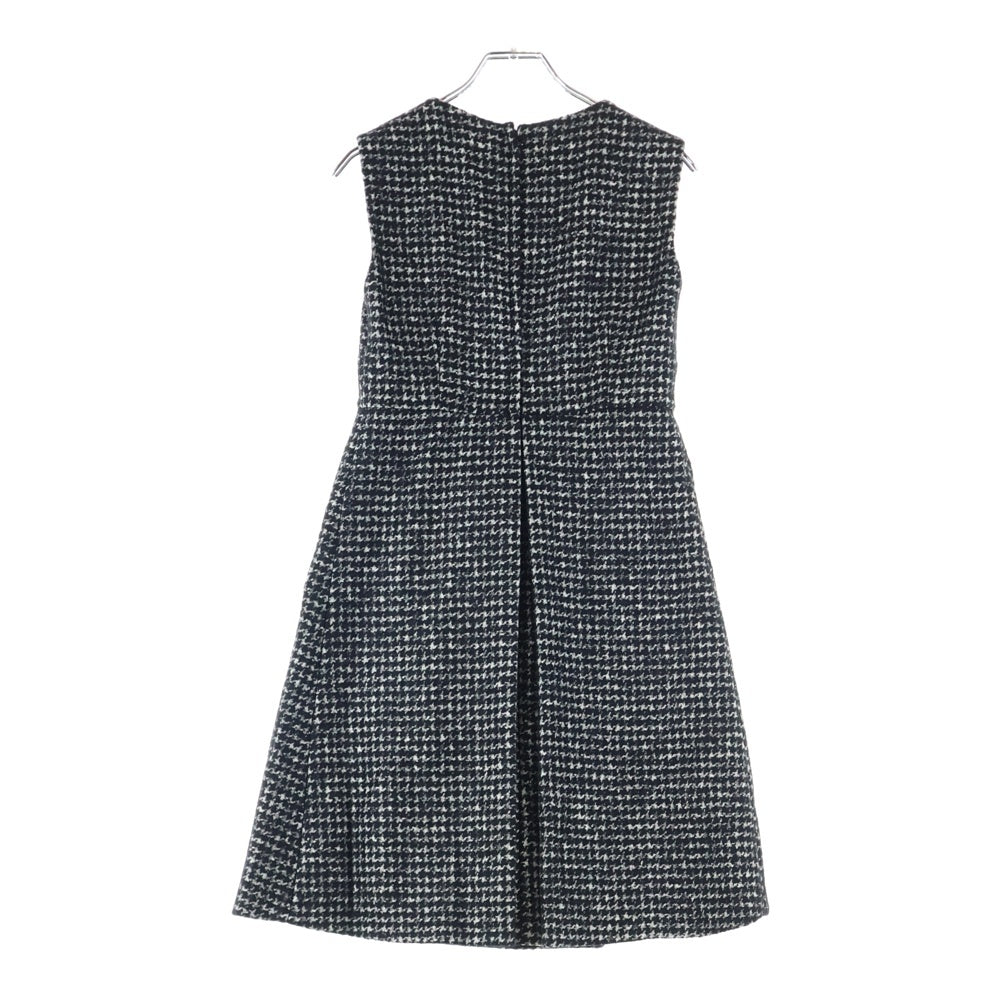 DOLCE & GABBANA(ドルチェアンドガッバーナ) フラワー刺繍 千鳥 ガンクラブチェック総柄ツイード プリーツ ノースリーブ ミディアムワンピース ブラック レディース F6YH3Z