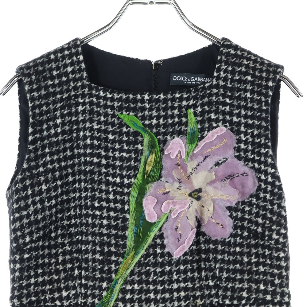 DOLCE & GABBANA(ドルチェアンドガッバーナ) フラワー刺繍 千鳥 ガンクラブチェック総柄ツイード プリーツ ノースリーブ ミディアムワンピース ブラック レディース F6YH3Z
